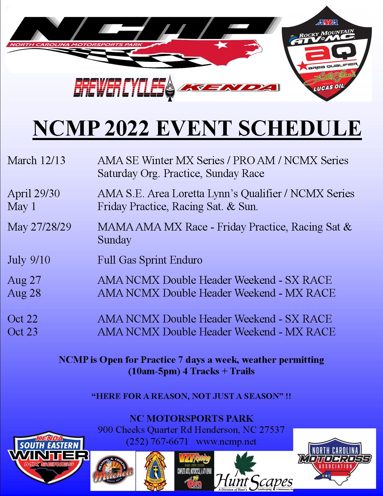 NCMP 2022 Event Schedule – North Carolina Motorsports Park